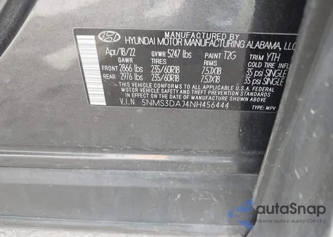 2022 Hyundai Santa Fe Sel z USA, uszkodzony, nr VIN 5NMS3DAJ4NH456444